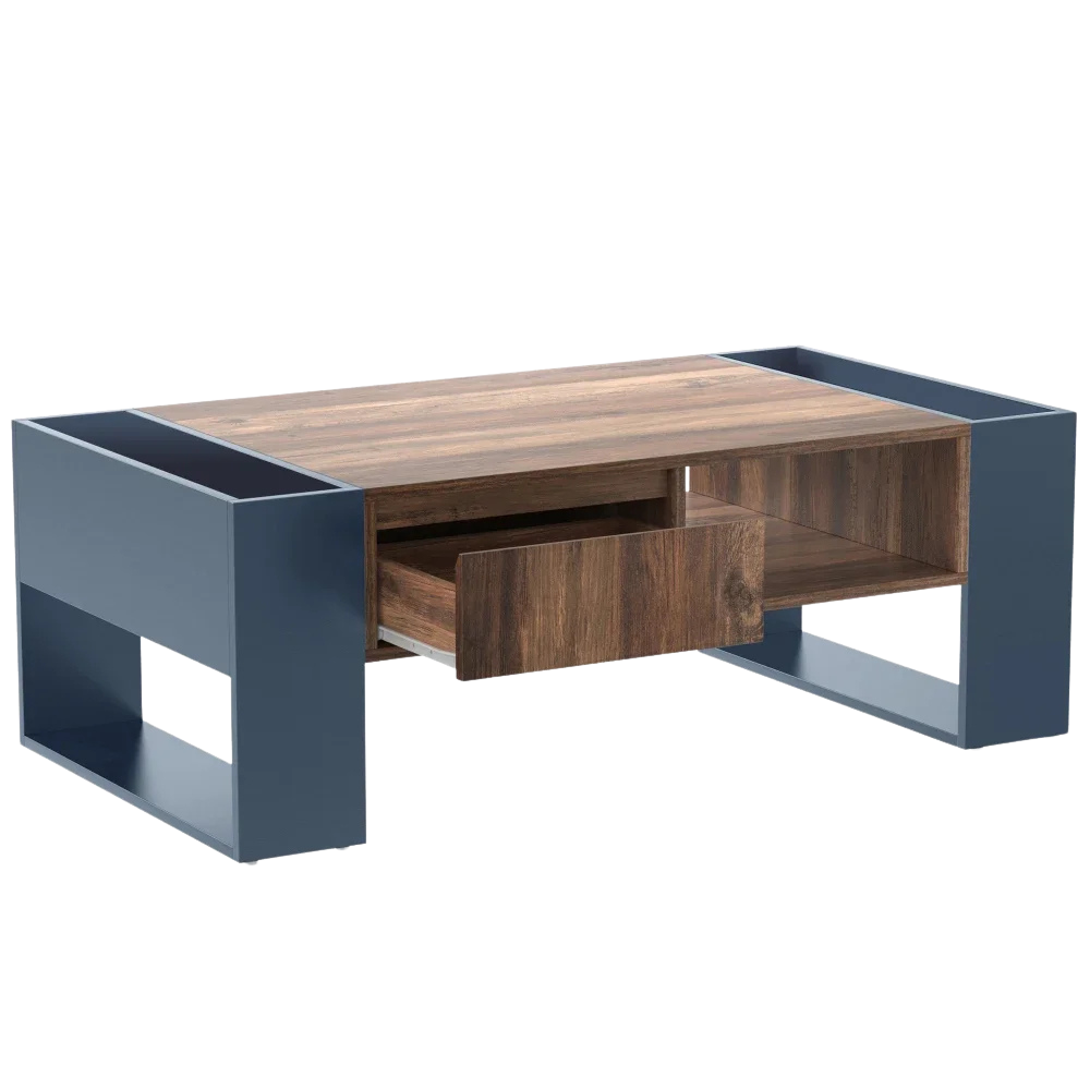 Table basse bois et bleu profond 105 cm avec tiroir