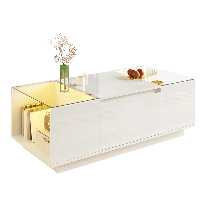 Table basse moderne en verre avec LED et rangements