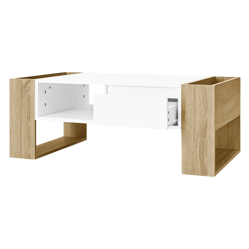 Table basse blanche et bois 105 cm, tiroir et niches