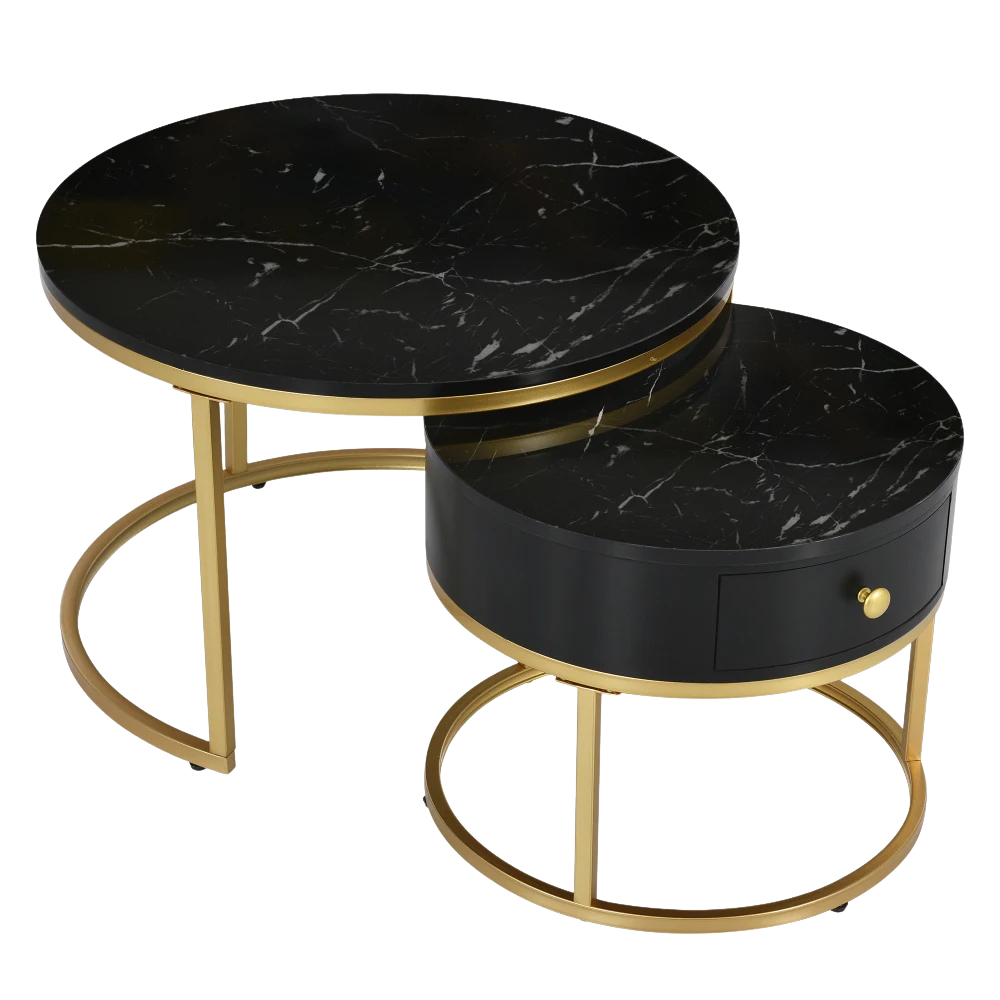 Table basse gigogne ronde effet marbre noir et doré