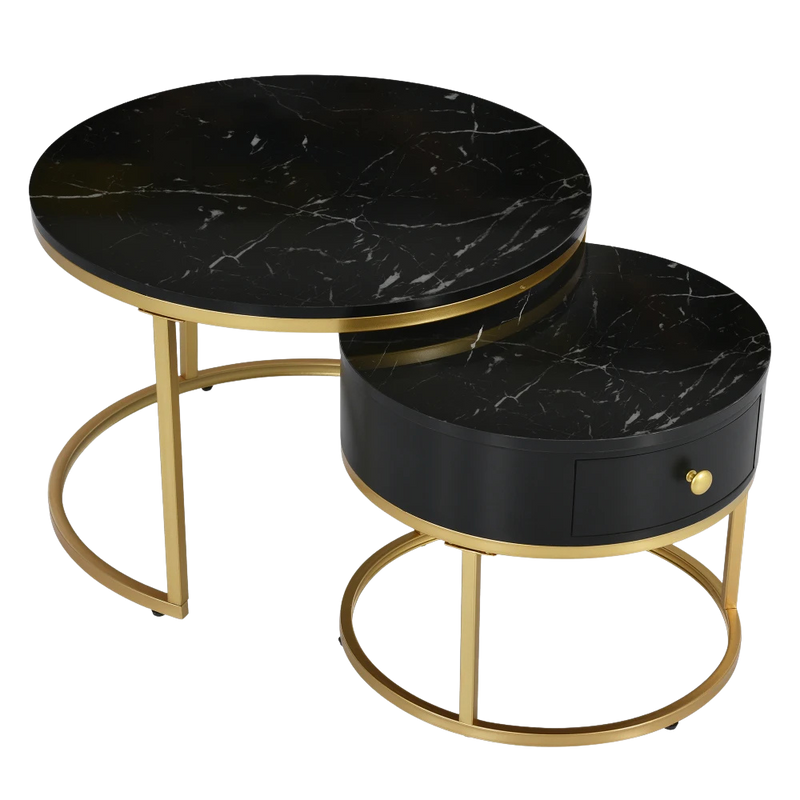 Table basse gigogne ronde effet marbre noir et doré