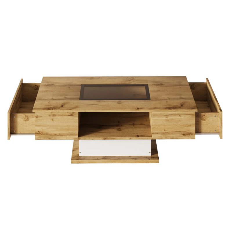 Table basse bois et verre moderne avec LED et rangements