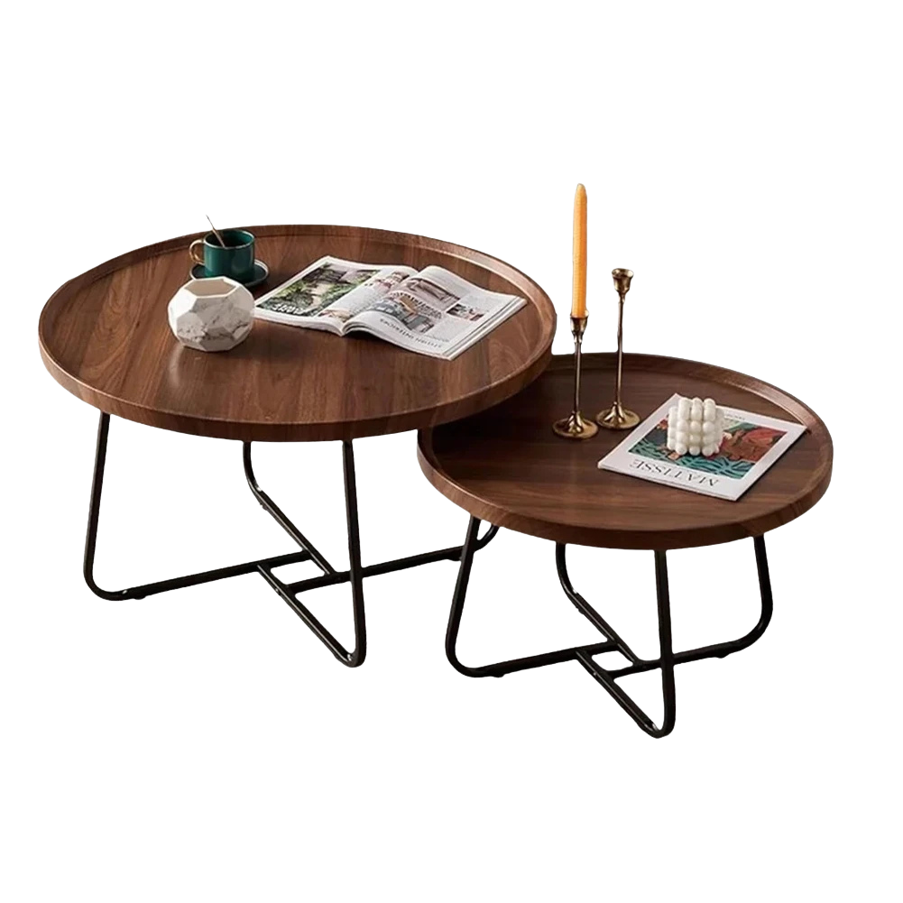 Table basse gigogne ronde finition noyer et métal
