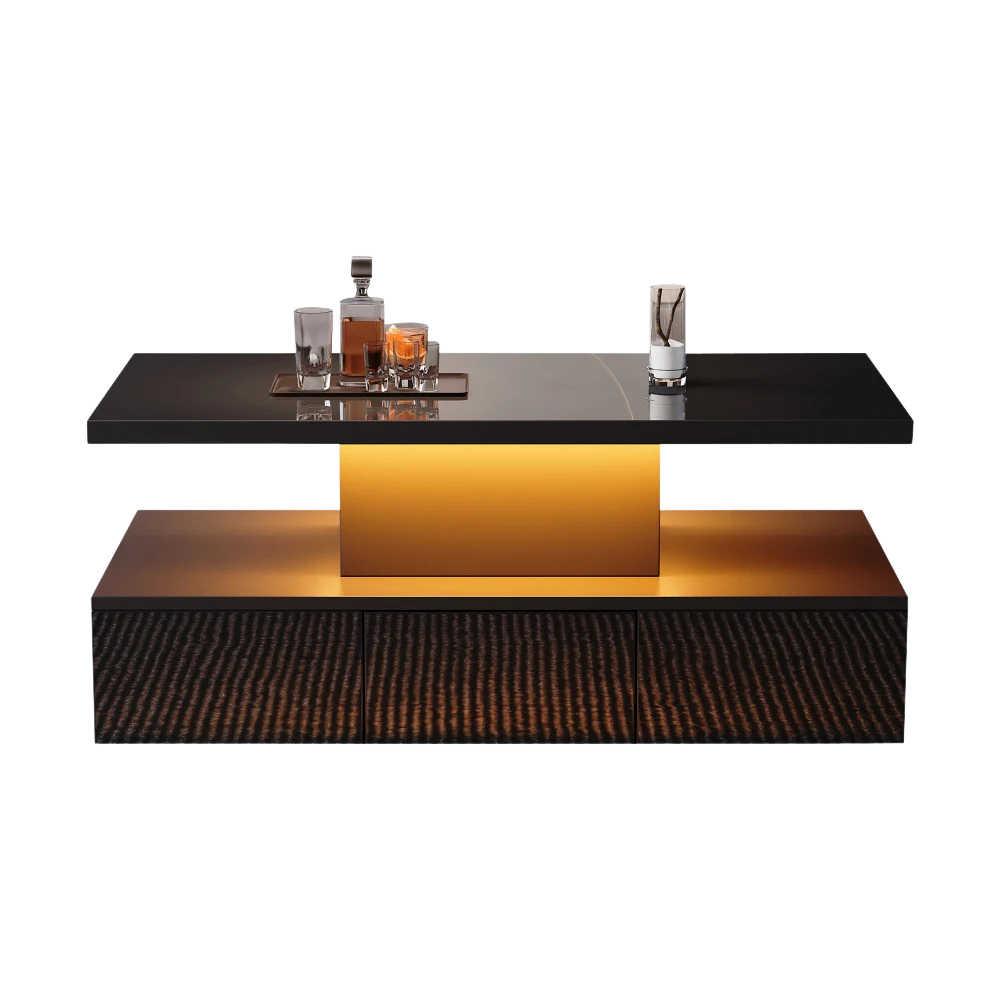 Table basse noire double plateau, LED 16 couleurs
