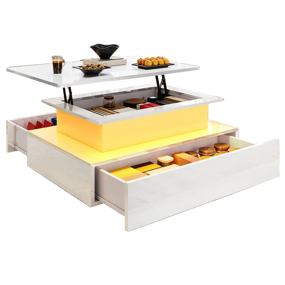 Table basse relevable moderne avec LED et tiroirs