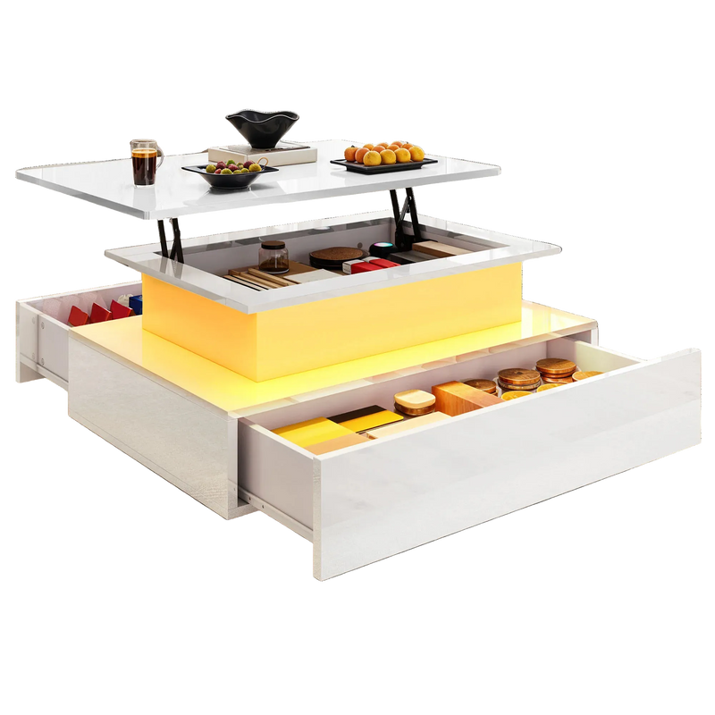 Table basse relevable moderne avec LED et tiroirs
