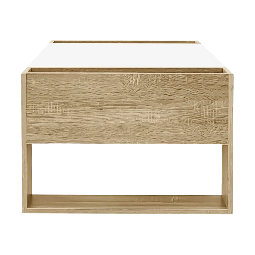 Table basse blanche et bois 105 cm, tiroir et niches