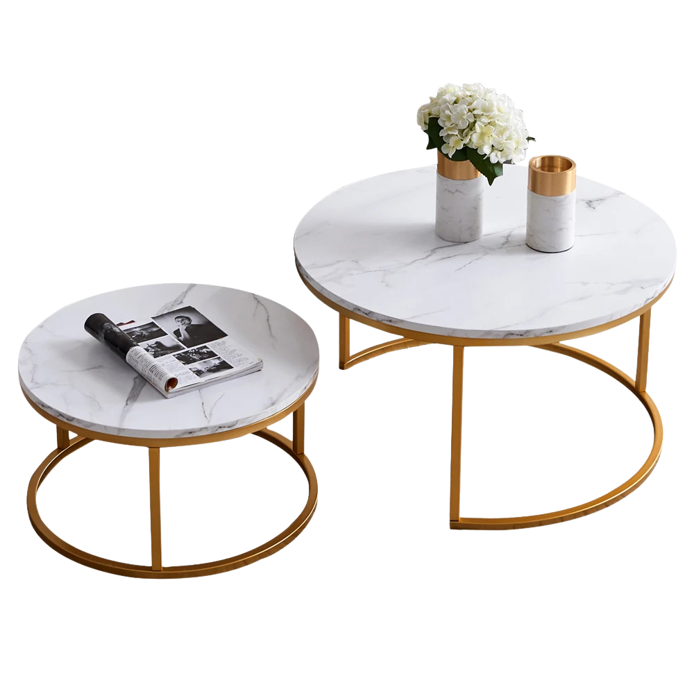 Table basse gigogne ronde effet marbre blanc et doré