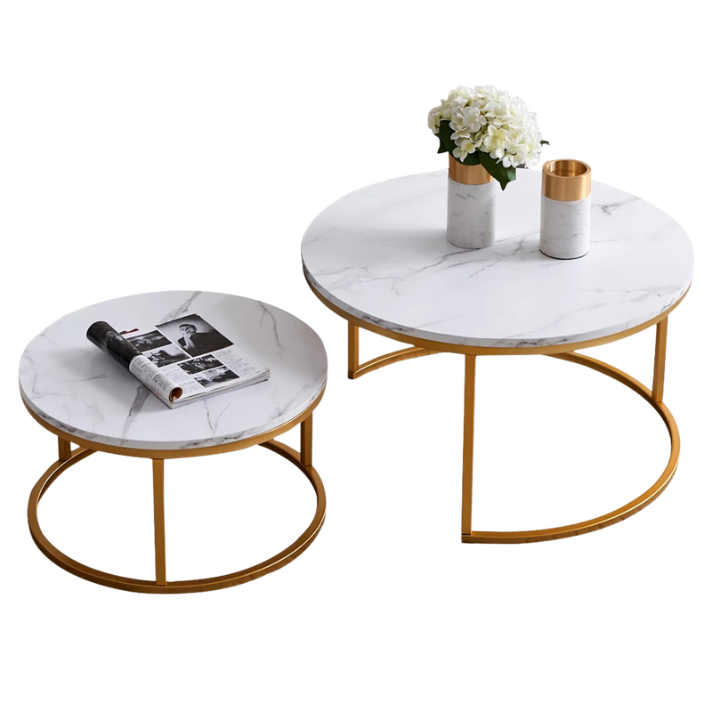 Table basse gigogne ronde effet marbre blanc et doré