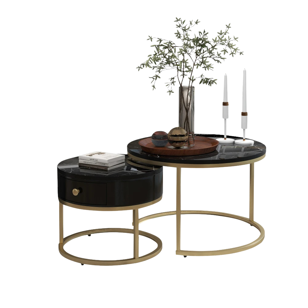 Table basse gigogne ronde effet marbre noir et doré