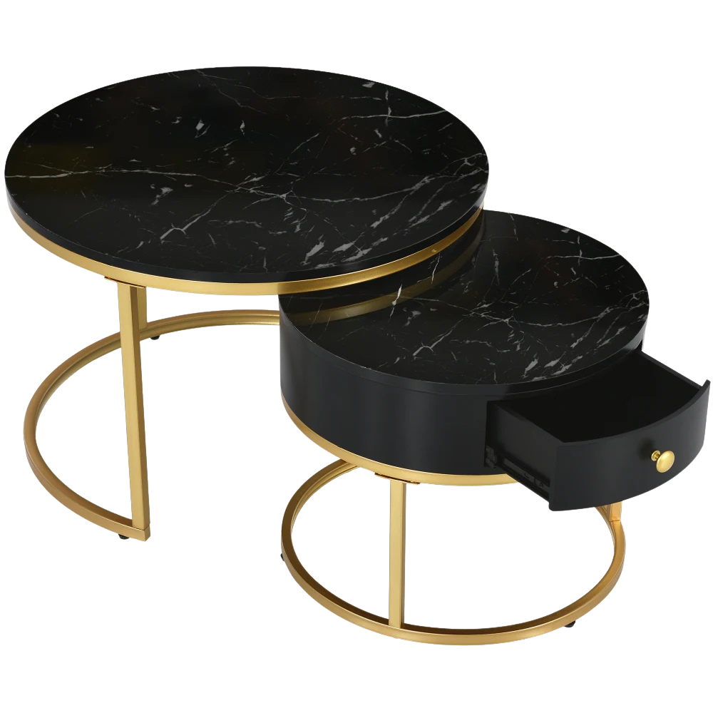 Table basse gigogne ronde effet marbre noir et doré