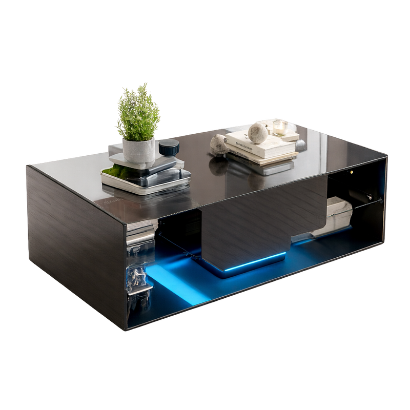 Table basse noire 100 cm, verre trempé et LED connectée