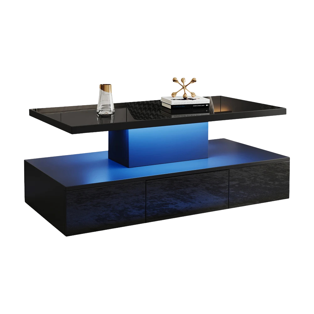 Table basse noire double plateau, LED 16 couleurs
