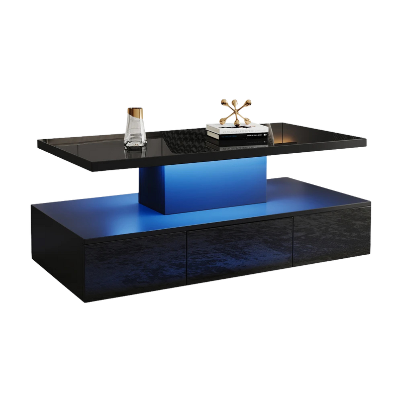 Table basse noire double plateau, LED 16 couleurs