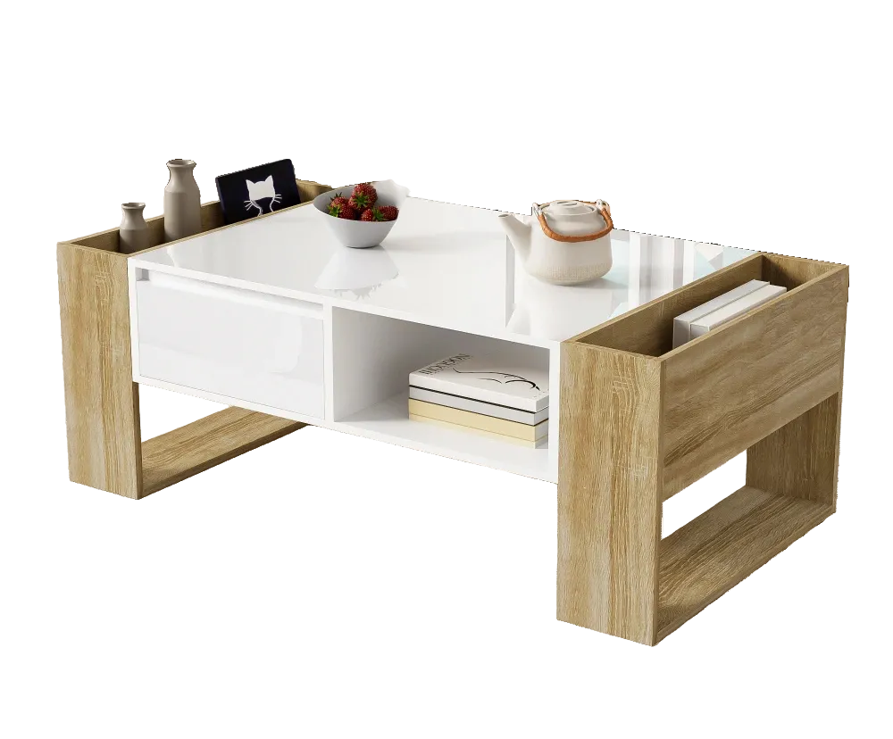 Table basse blanche et bois 105 cm, tiroir et niches