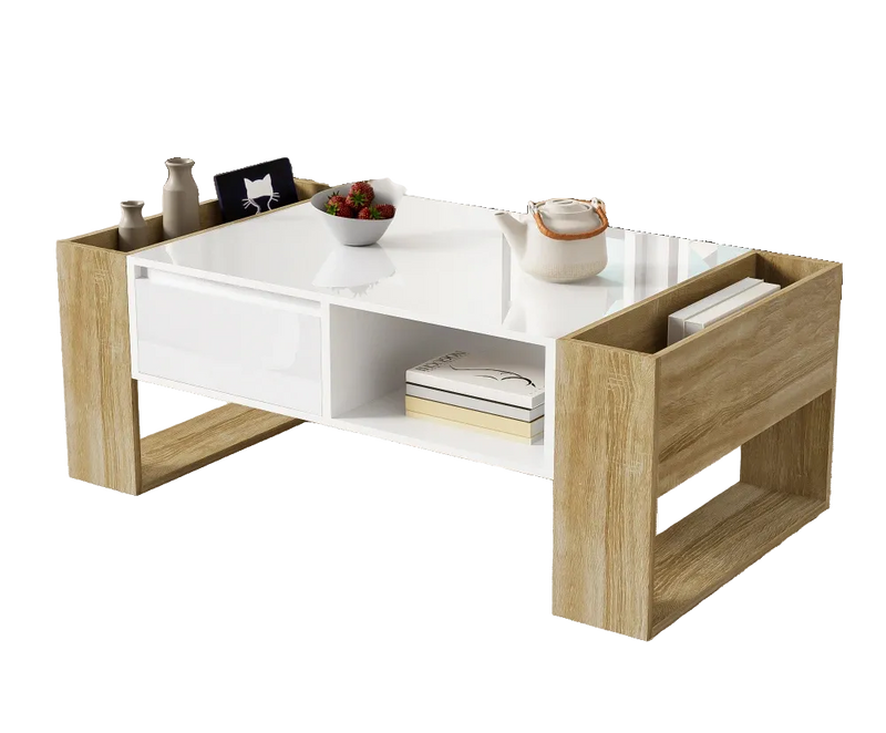 Table basse blanche et bois 105 cm, tiroir et niches