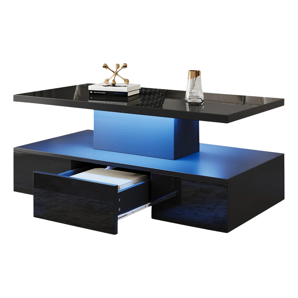 Table basse noire double plateau, LED 16 couleurs