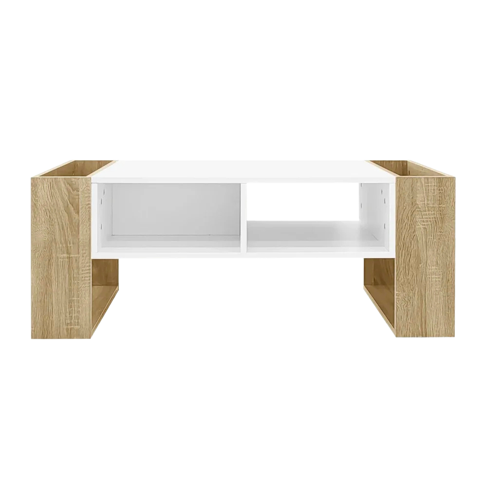 Table basse blanche et bois 105 cm, tiroir et niches