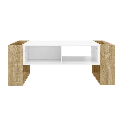 Table basse blanche et bois 105 cm, tiroir et niches