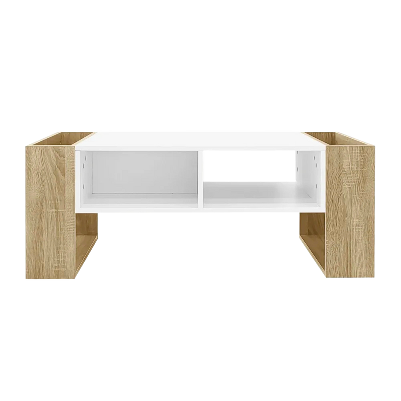Table basse blanche et bois 105 cm, tiroir et niches