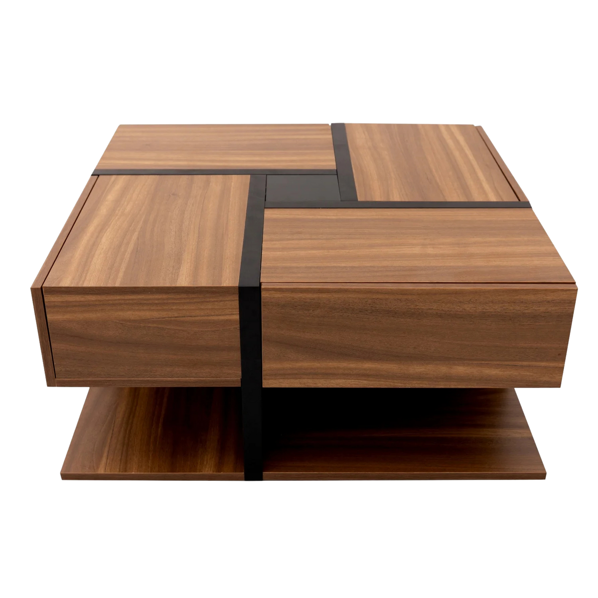 Table basse carrée bois et noir avec tiroirs de rangement
