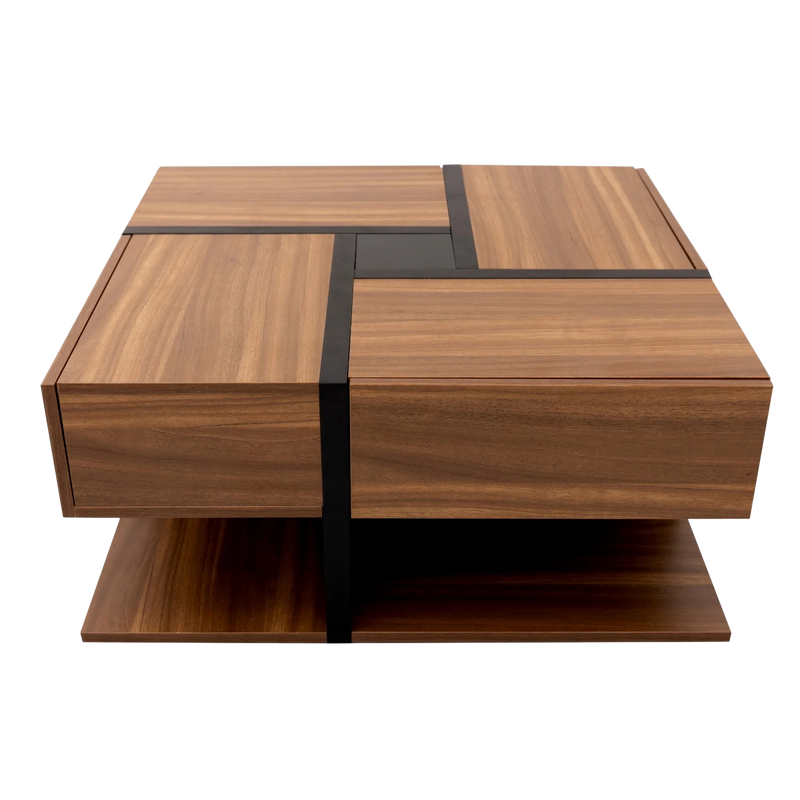 Table basse carrée bois et noir avec tiroirs de rangement
