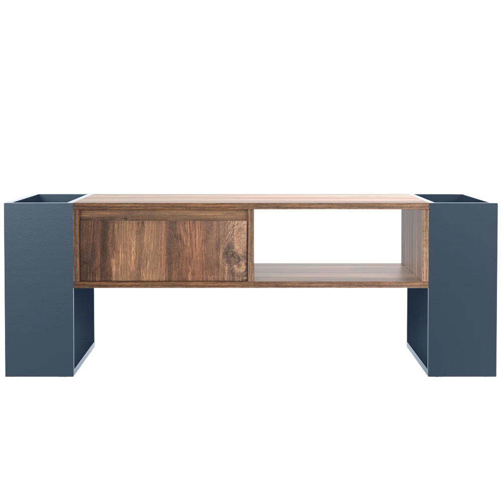 Table basse bois et bleu profond 105 cm avec tiroir