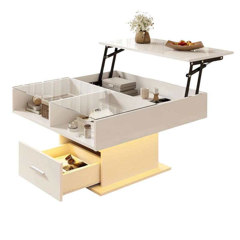 Table basse relevable avec LED et rangement