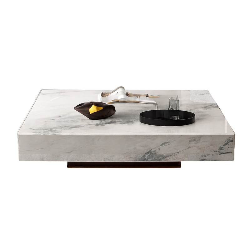 Table basse carrée effet marbre avec plateau en verre trempé