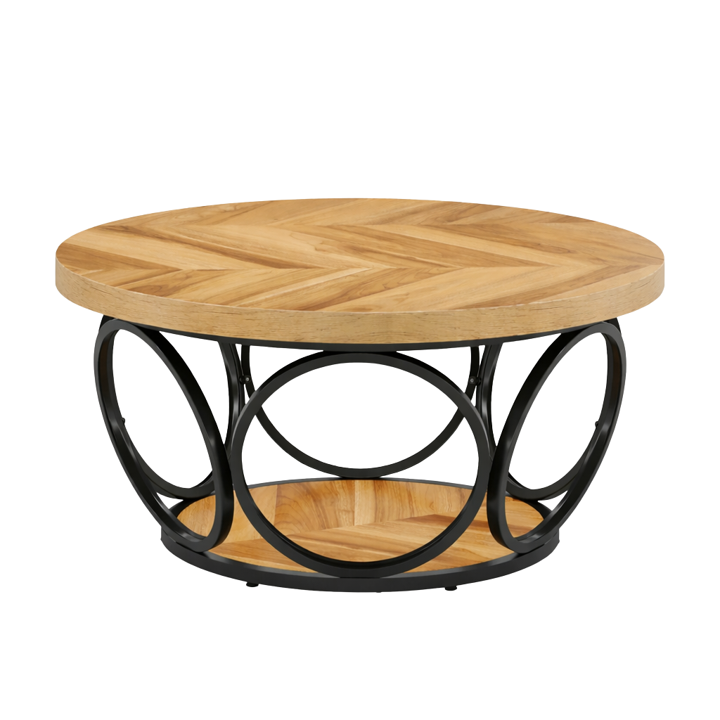 Table basse ronde 80 cm avec étagère, bois et métal