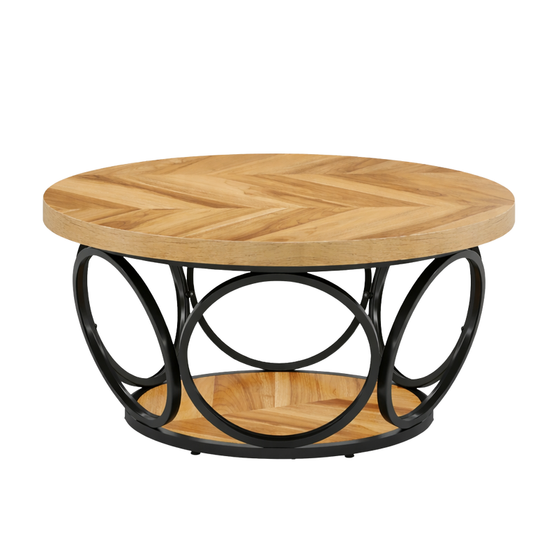 Table basse ronde 80 cm avec étagère, bois et métal
