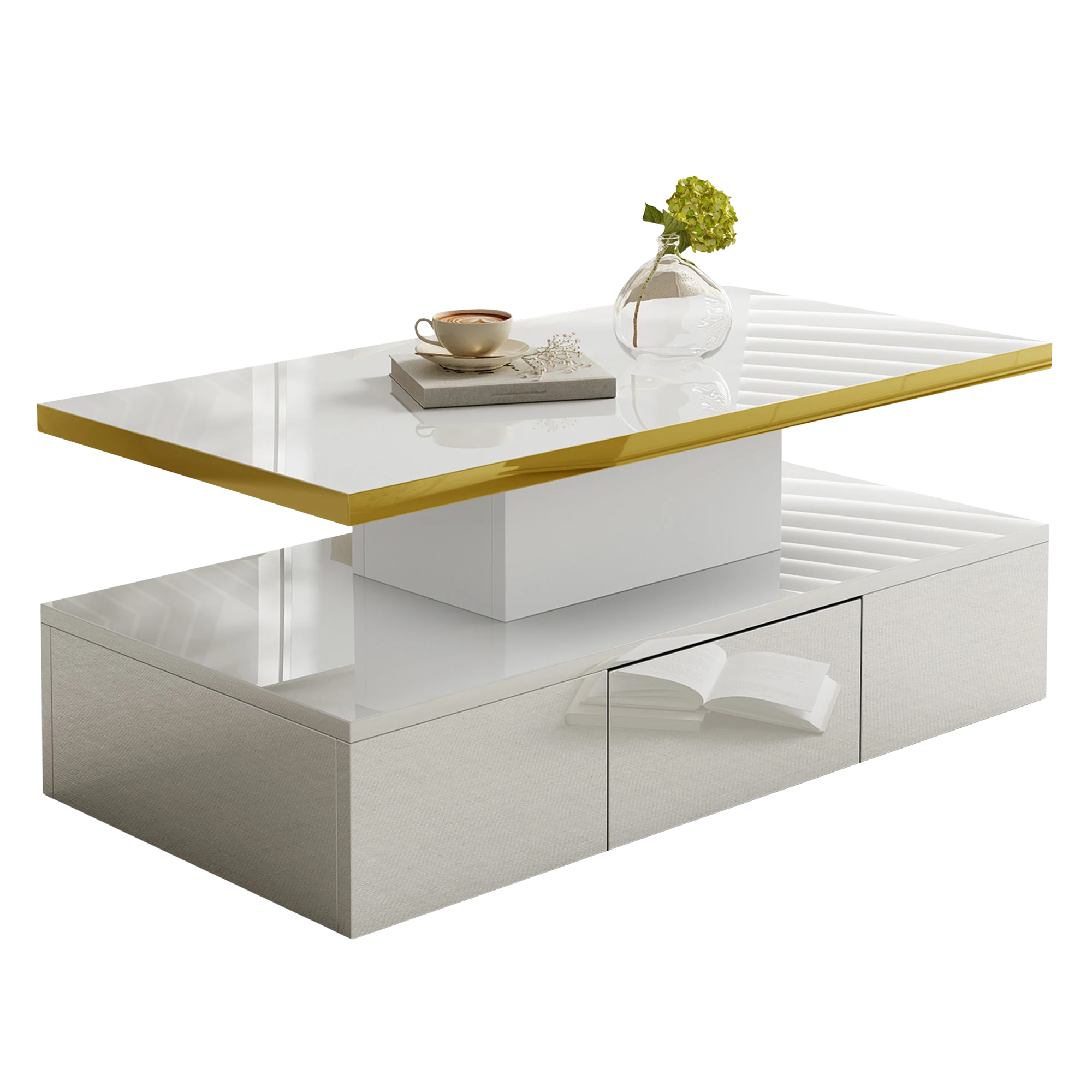 Table basse laquée à 2 niveaux avec tiroir et LED