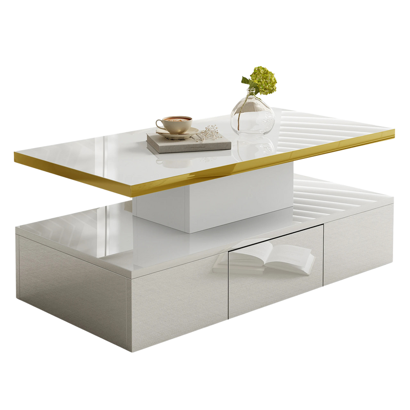 Table basse laquée à 2 niveaux avec tiroir et LED
