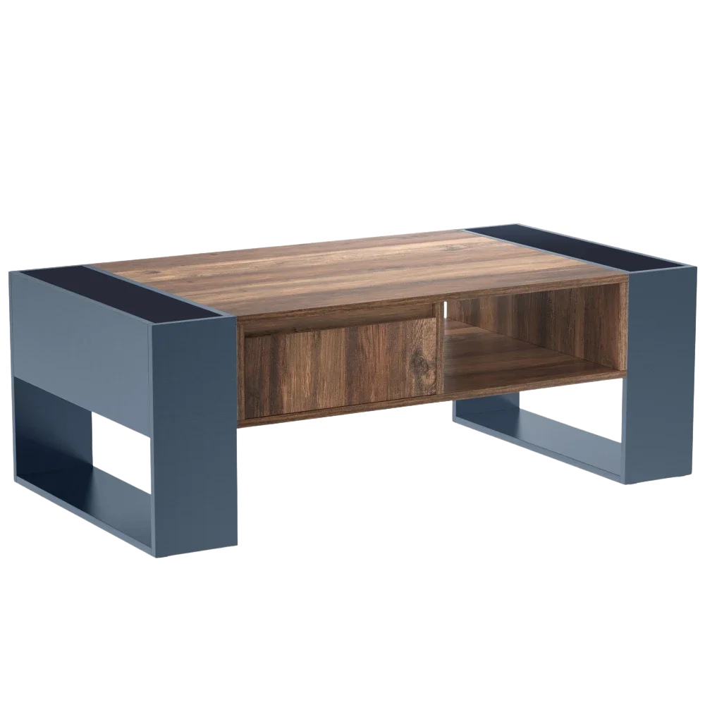 Table basse bois et bleu profond 105 cm avec tiroir