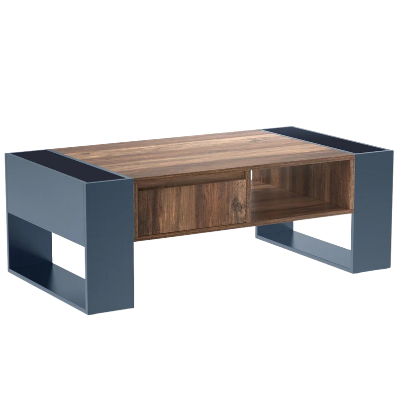 Table basse bois et bleu profond 105 cm avec tiroir