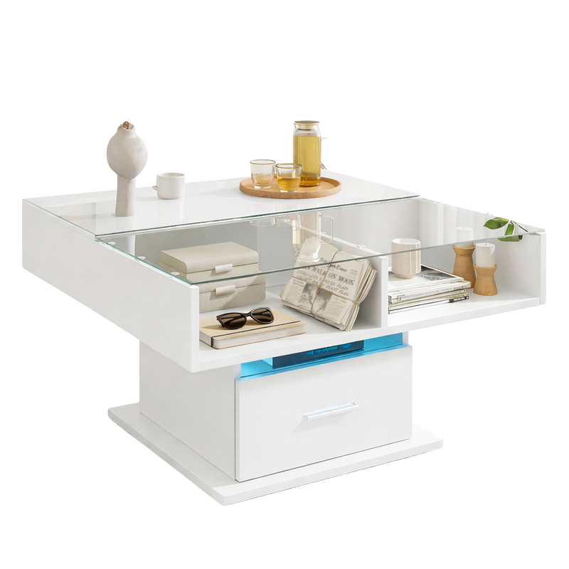 Table basse relevable extensible avec vitrine et LED