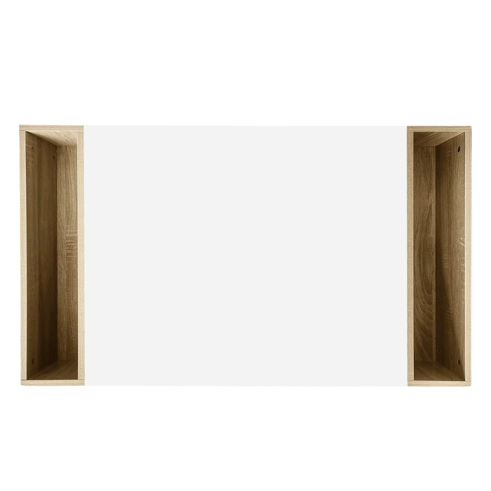Table basse blanche et bois 105 cm, tiroir et niches