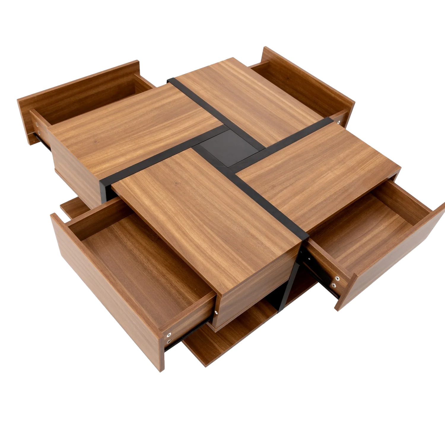 Table basse carrée bois et noir avec tiroirs de rangement