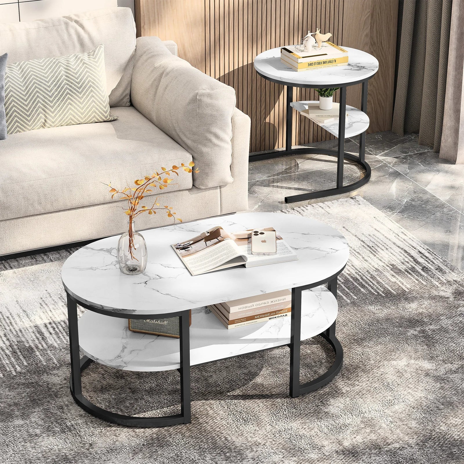 Table basse gigogne ovale et ronde effet marbre