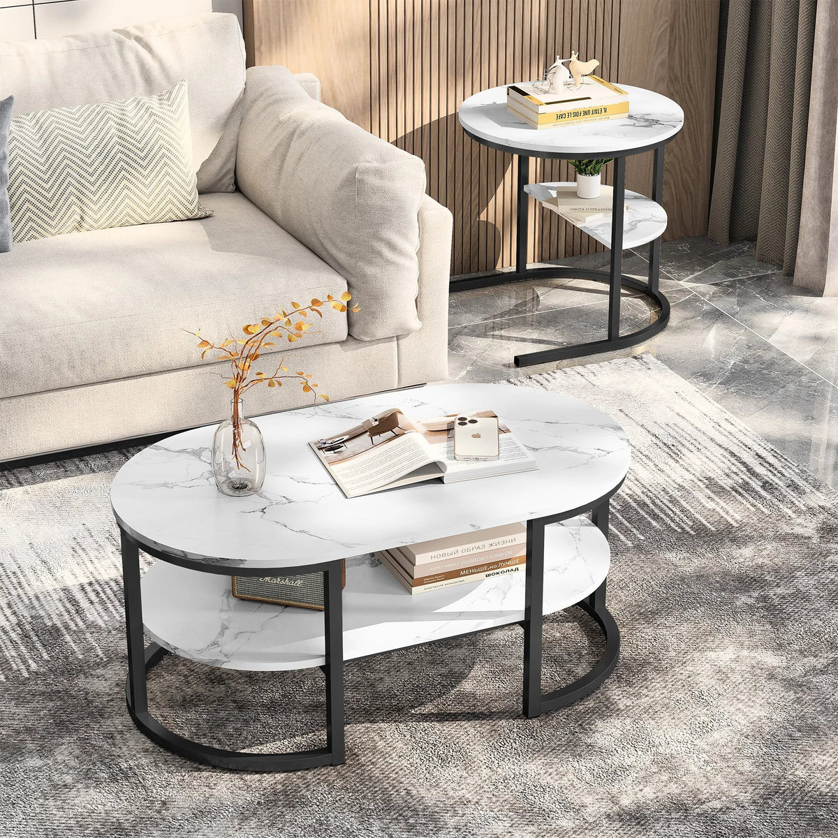 Table basse gigogne ovale et ronde effet marbre