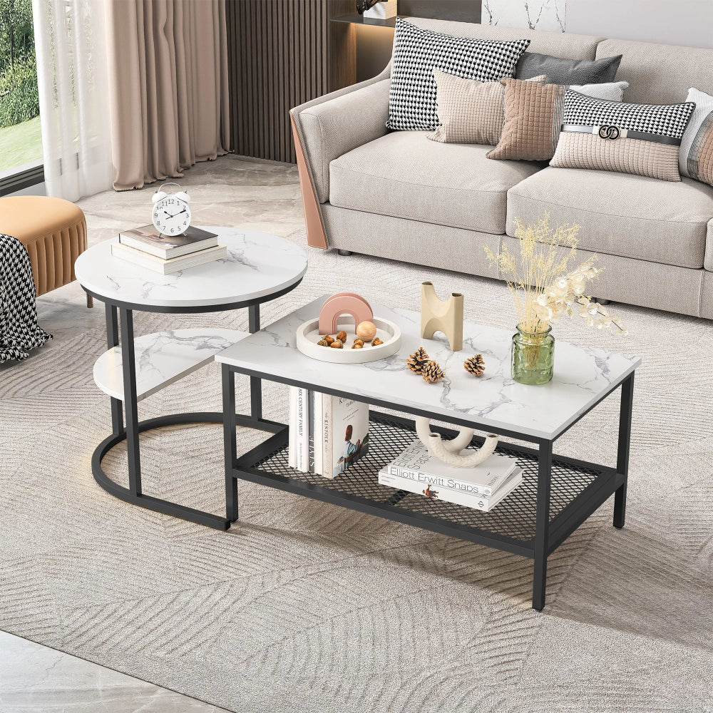 Table basse gigogne effet marbre blanc et métal noir