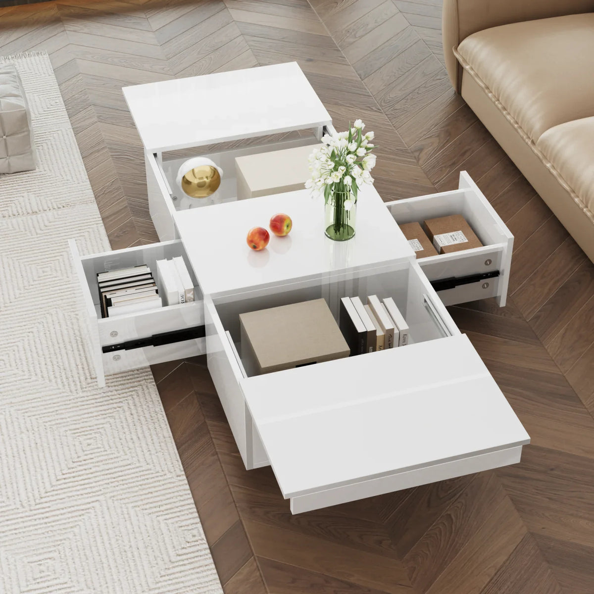 Table basse blanche laquée avec rangement et tiroirs design