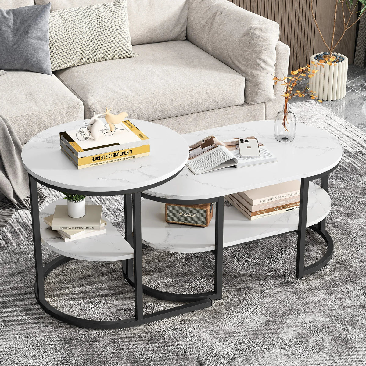 Table basse gigogne ovale et ronde effet marbre
