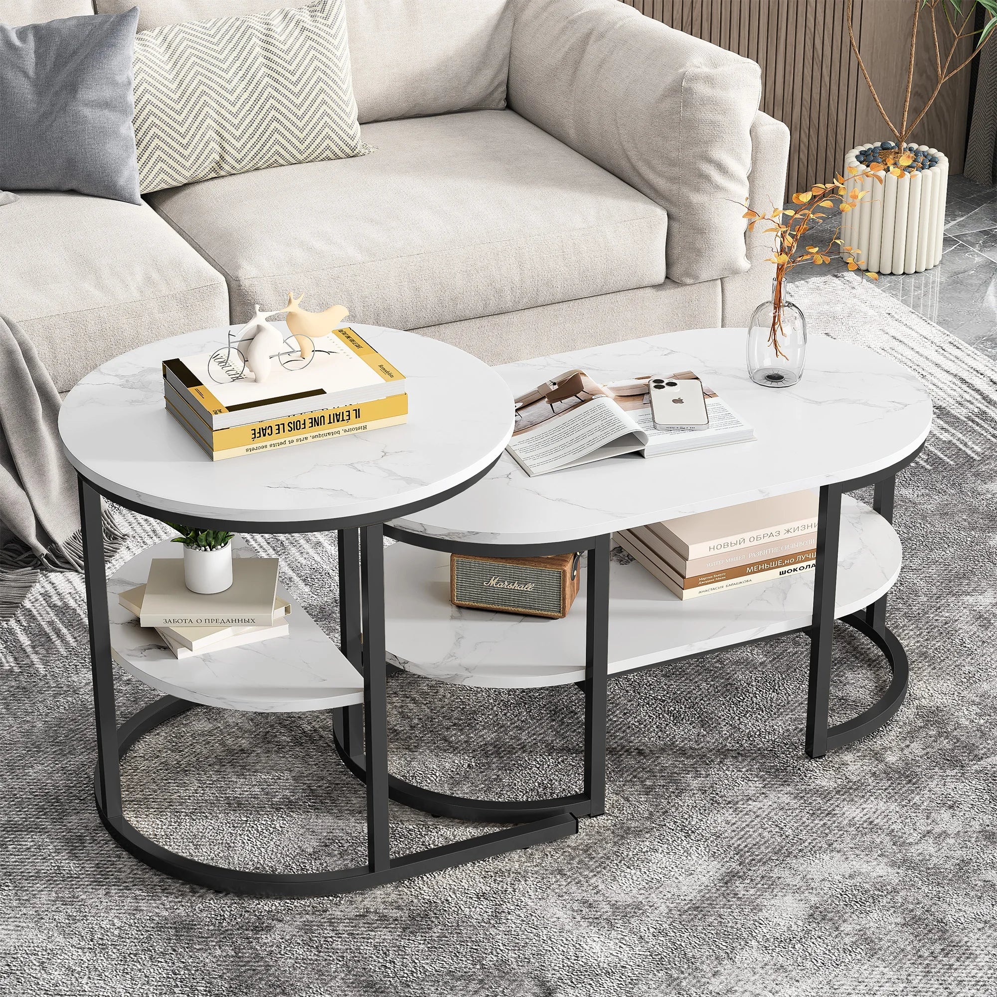Table basse gigogne ovale et ronde effet marbre