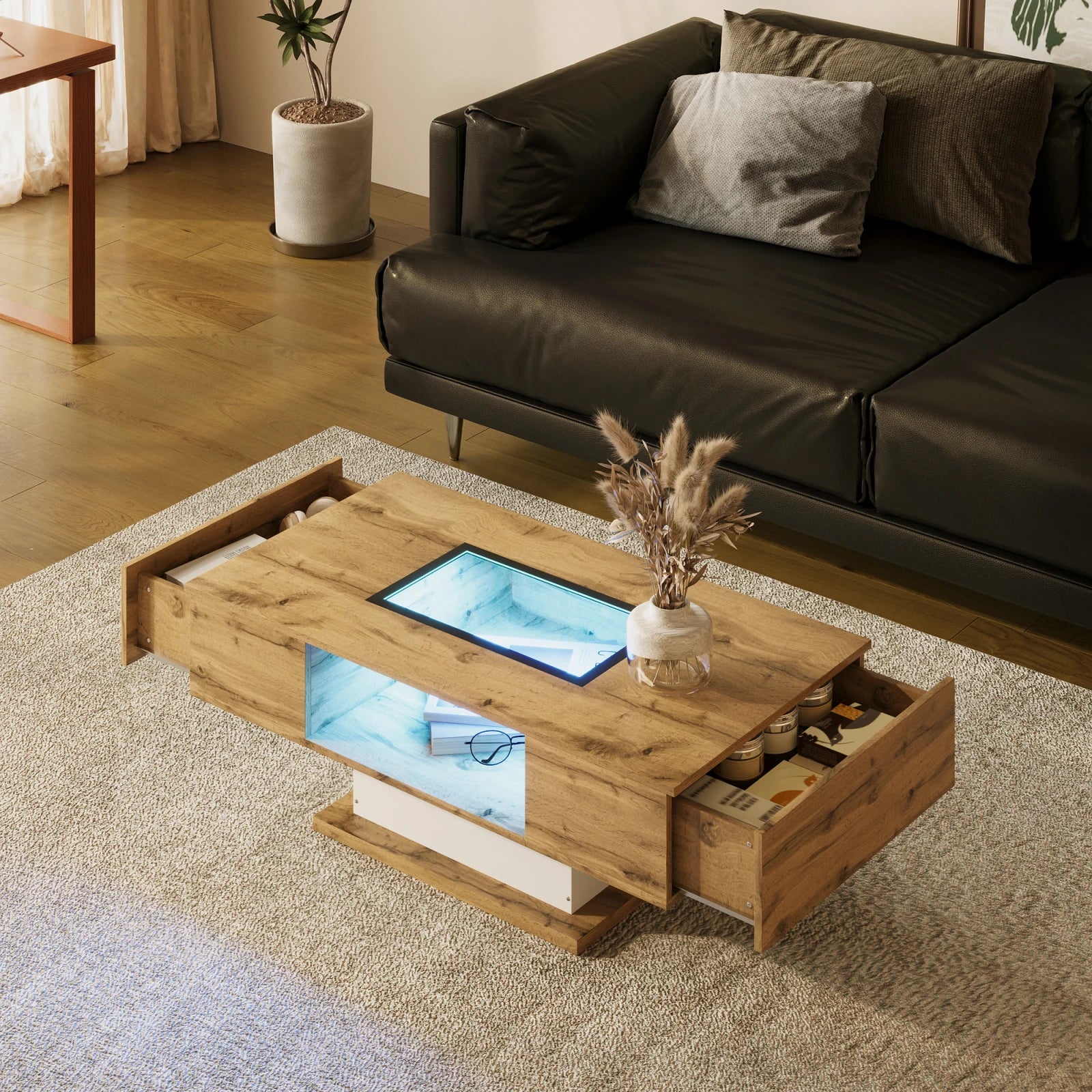 Table basse bois et verre avec LED et 2 tiroirs, 110 cm
