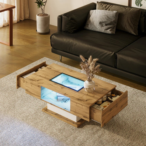 Table basse bois et verre avec LED et 2 tiroirs, 110 cm