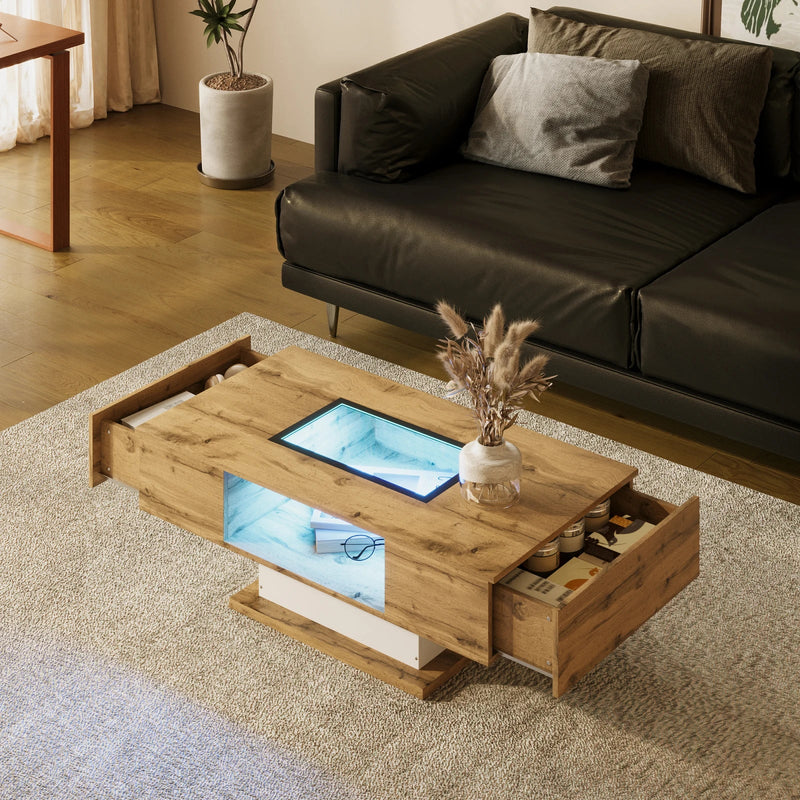 Table basse bois et verre avec LED et 2 tiroirs, 110 cm