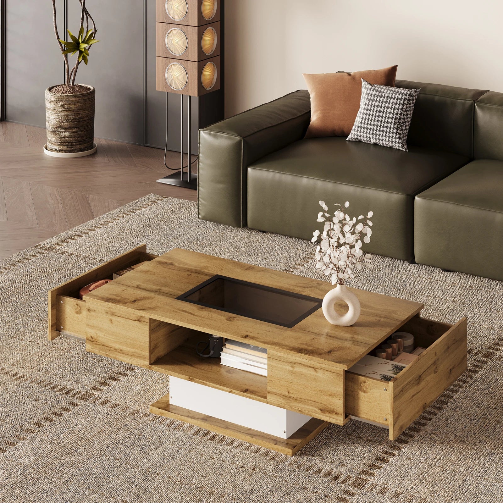Table basse bois et verre avec LED et 2 tiroirs, 110 cm