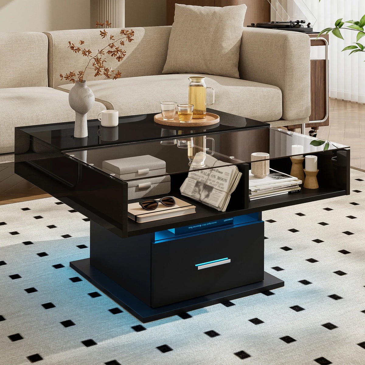 Table basse relevable extensible avec vitrine et LED