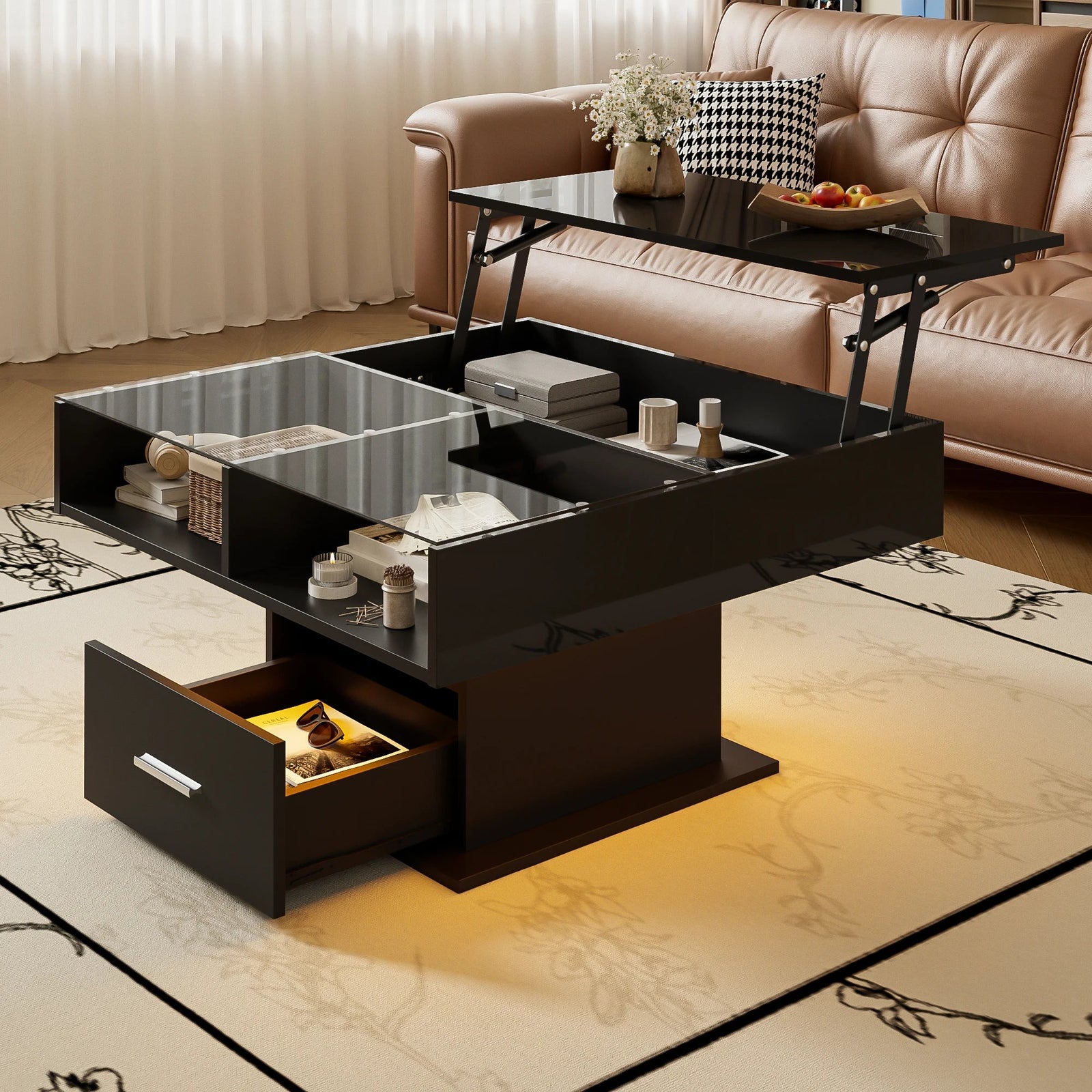 Table basse relevable extensible avec vitrine et LED